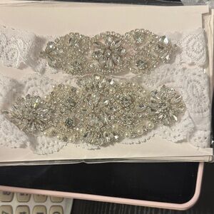Crystal-Embellished White Lace Bridal Garter Set